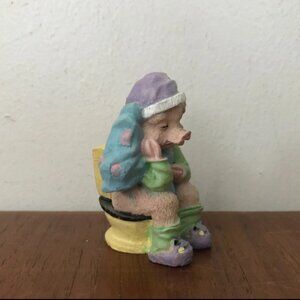 Vintage Enesco Resin Pig On Toilet With Christmas Santa Hat & Pajamas Figurine